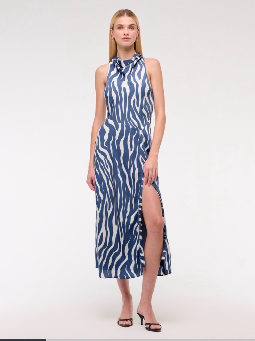 Sleeveless Blue & White Cowl Neck Midi Dress